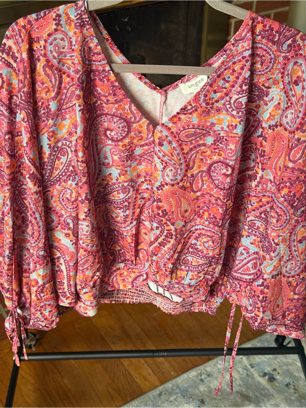 Umgee Pink Paisley V-Neck Blouse with Coral & Aqua Accents